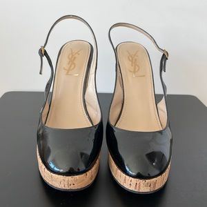 Yves Saint Laurent Black Patent Cork Wedge Sandals Size 39